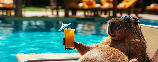 Un cocktail avec des parapluies dans la patte d'un capybara en lunettes de soleil repose sur une chaise longue près de la piscine