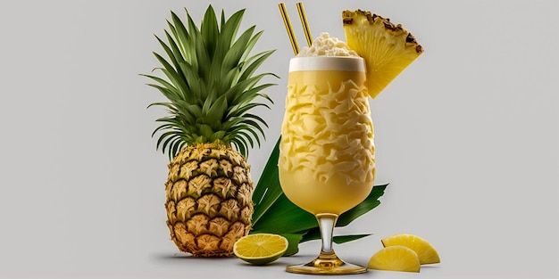 Cocktail Pina Colada avec de l'ananas et du citron illustration en 3D