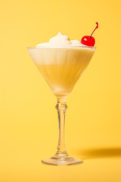 Un cocktail Pina Colada avec une cerise sur le dessus dans un beau verre sur un fond monochromatique