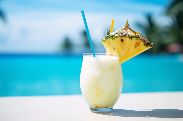 Cocktail Pina Colada sur fond de beaux paysages tropicaux Illustration d'IA générative