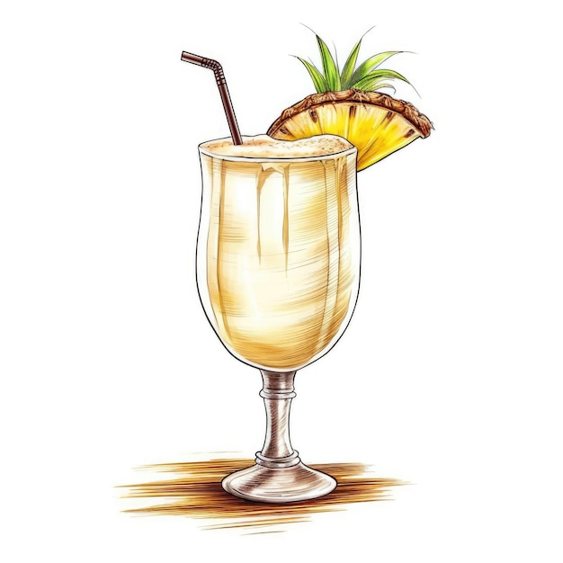 Cocktail Pina Colada isolé sur blanc dessiné avec AI générative aquarelle