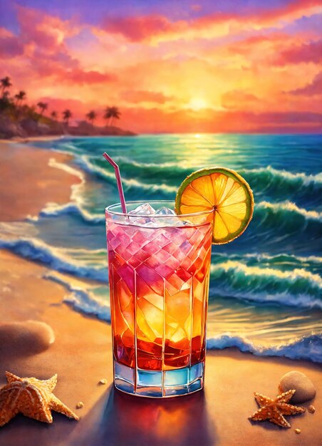 Cocktail sur la plage au coucher du soleil Arrière-plan d'été coloré ai génératif