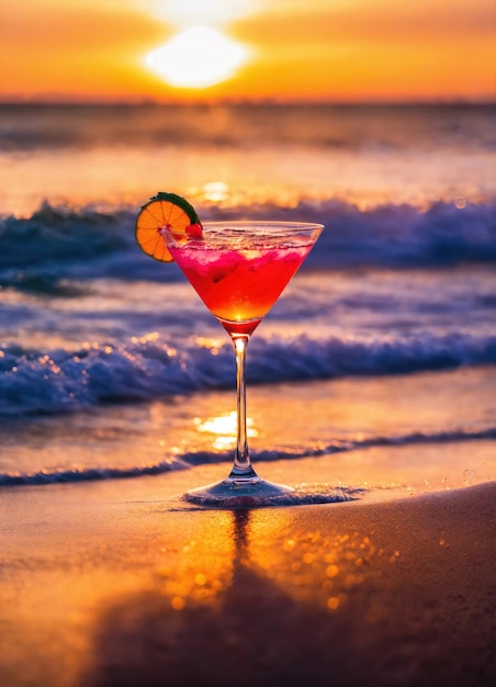 Cocktail sur la plage au coucher du soleil Arrière-plan d'été coloré ai génératif