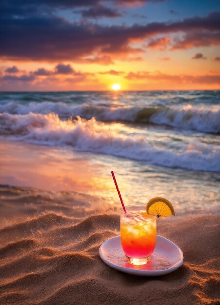 Cocktail sur la plage au coucher du soleil Arrière-plan d'été coloré ai génératif