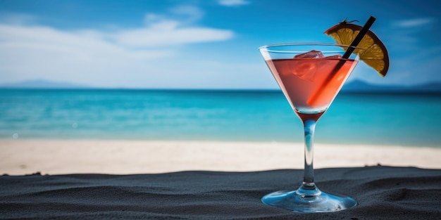 Un cocktail sur la plage avec un ciel bleu en arrière-plan