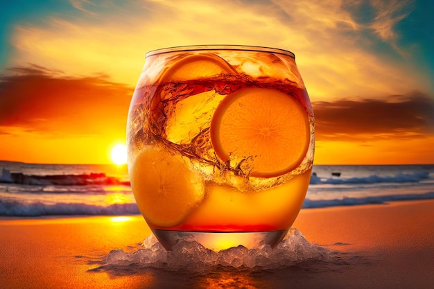 Cocktail de plage cool avec des glaçons et un cercle d'orange sur fond de coucher de soleil