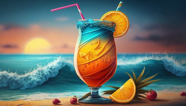 Cocktail sur la plage face à la mer Generative AI