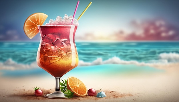 Cocktail sur la plage face à la mer Generative AI