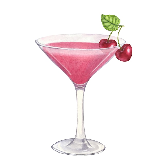 Cocktail de plage rose avec cerise Boisson tropicale d'été Illustration aquarelle dessinée à la main sur blanc