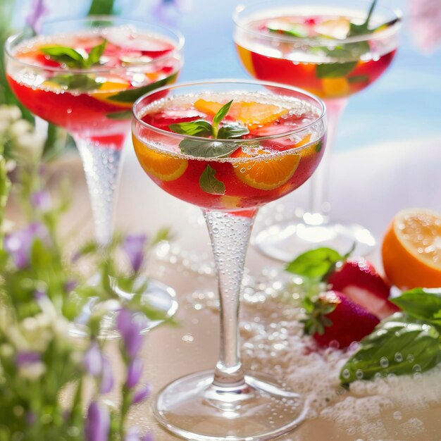 Photo un cocktail de printemps à la fraise, à l'orange et au basilic.