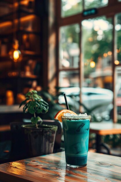 Cocktail rafraîchissant du lagon bleu sur une table de café rustique avec un éclairage ambiant chaud