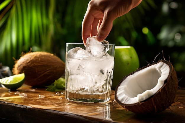 Un cocktail rafraîchissant d'eau de coco avec vue sur la plage
