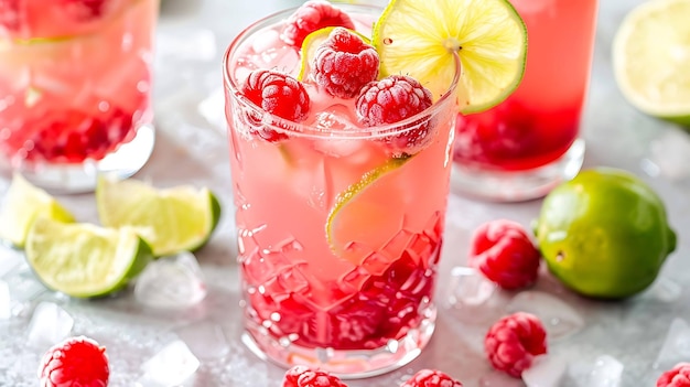 Cocktail rafraîchissant de framboise avec du citron vert et de la glace dans un verre de cristal parfait pour les fêtes d'été et les rassemblements