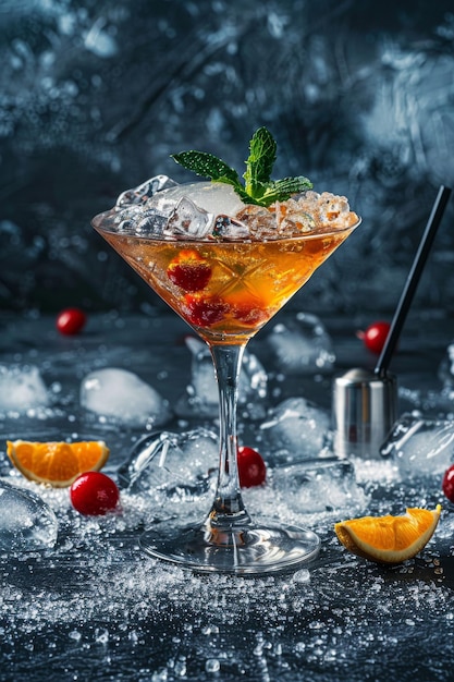 Cocktail rafraîchissant avec de la glace et des cerises