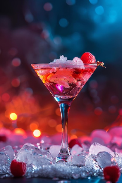 Cocktail rafraîchissant avec de la glace et des framboises