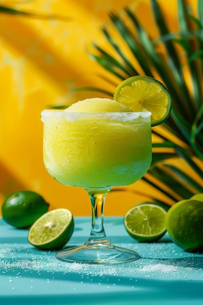 Un cocktail rafraîchissant de margarita congelé avec des feuilles de palmier