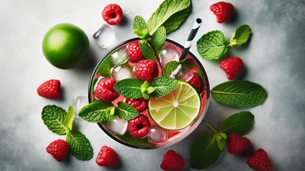 un cocktail rafraîchissant de mojito à la framboise riche en couleurs et en goût orné de framboises vibrantes