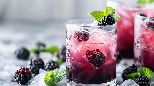 Photo cocktail rafraîchissant de mûres avec des baies fraîches et de la menthe sur un fond gris clair