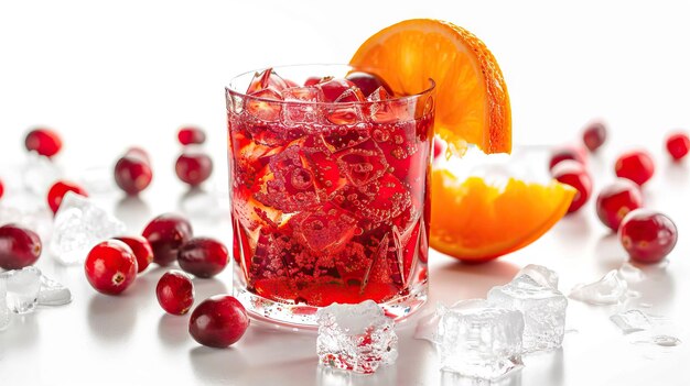 Cocktail rafraîchissant d'orange à la cannelle avec de la glace dans un verre sur blanc