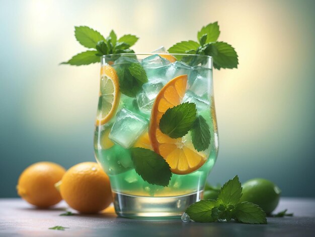 Cocktail rempli de fruits avec de la menthe aux agrumes et de la glace générative