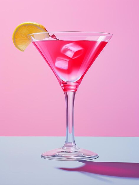 un cocktail rose avec un coin de citron sur le fond