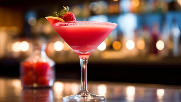 Un cocktail rose avec une fraise sur le dessus