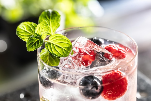 Cocktail rose Gin Tonic avec des framboises des bleuets du citron et de la menthe fraîche