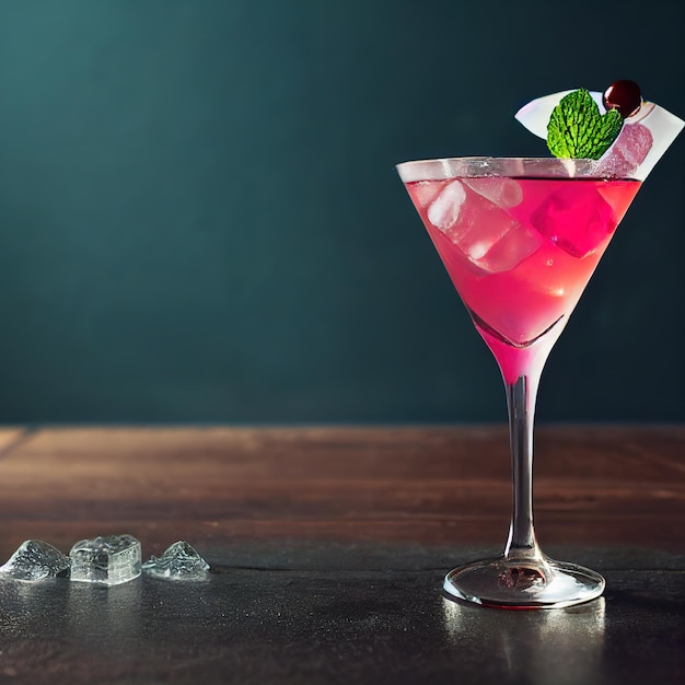 Un cocktail rose avec des glaçons sur une table