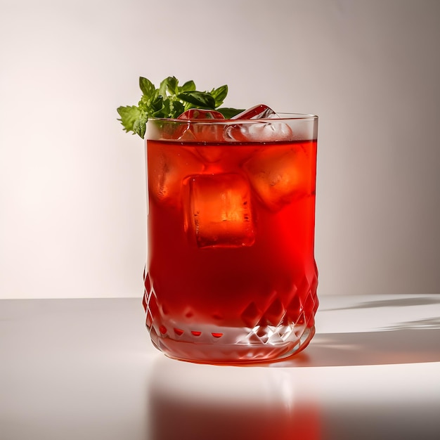 Un cocktail rouge avec une feuille de menthe dessus