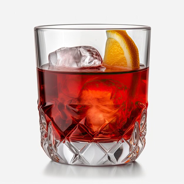 Un cocktail rouge avec des glaçons et un quartier d'orange au fond