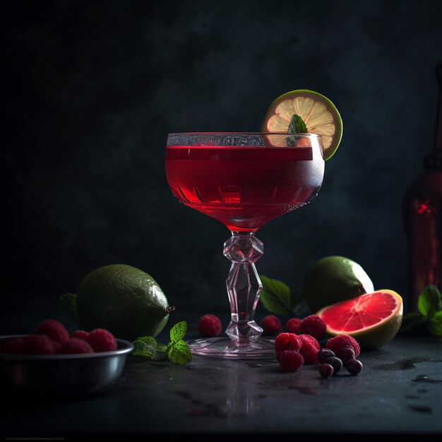 Un cocktail rouge avec un quartier de citron vert et une bouteille de jus de framboise.