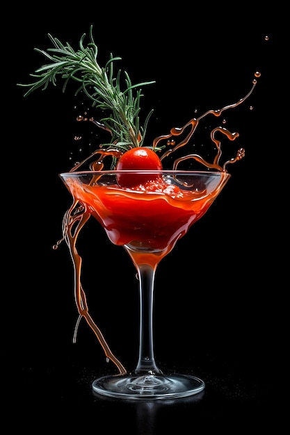 Cocktail rouge à la tomate et au romarin sur fond noir