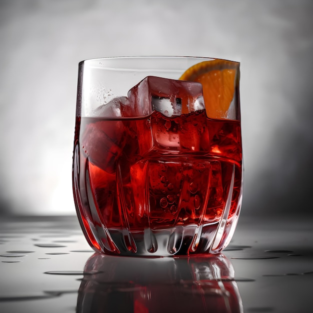 Un cocktail rouge avec une tranche d'orange est sur une table.