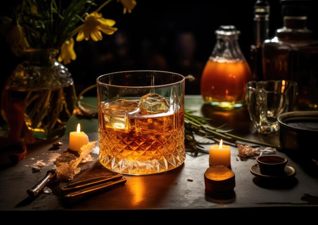 Photo un cocktail sazerac entouré de bitters aromatiques et d'absinthe pour un shot de préparation classique