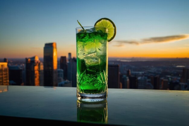 un cocktail Skyline Fizz dans un verre highball de couleur bleu vif