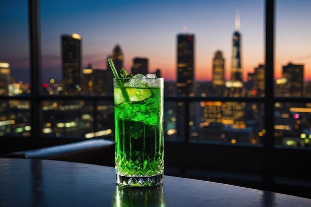 un cocktail Skyline Fizz dans un verre highball de couleur bleu vif