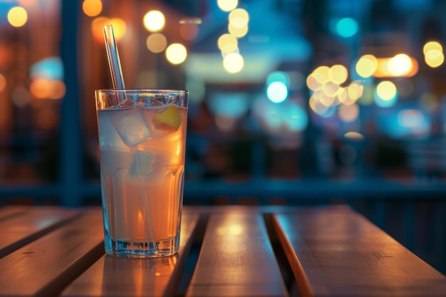 Cocktail sur une table en bois sur une terrasse de bar de nuit avec une lumière floue IA générative