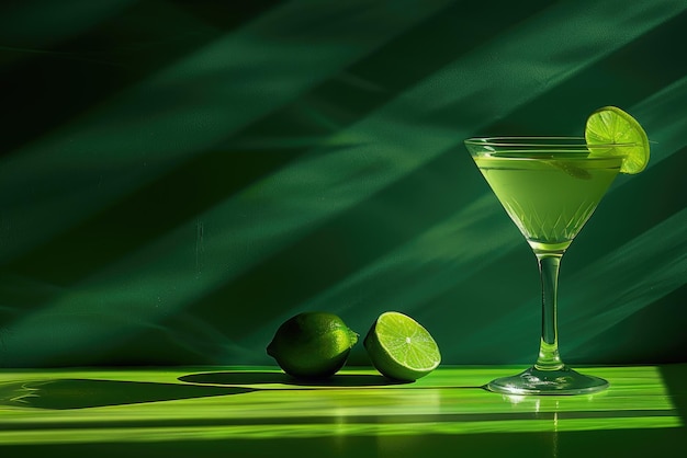 Photo cocktail avec une tranche de citron vert dans un verre sur un fond vert avec un espace de copie