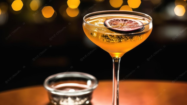 Un cocktail avec une tranche d'orange sanguine est assis sur un comptoir de bar.