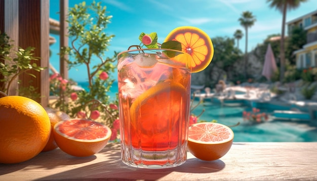 Un cocktail avec une tranche d'orange et une tranche de pamplemousse au bord d'une piscine.