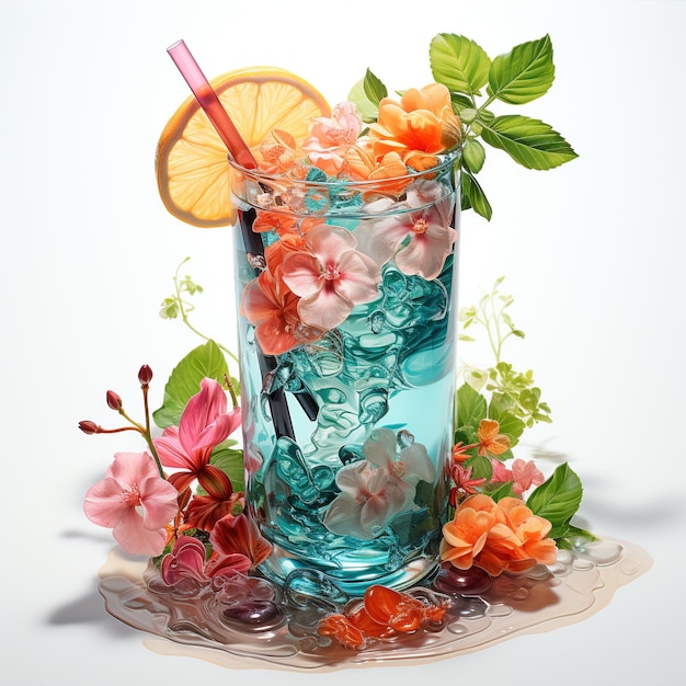 Cocktail tropical à l'aquarelle coloré décoré de fleurs et d'herbes sur un fond blanc Cocktail bleu rafraîchissant génération AI