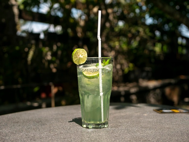 Un cocktail tropical avec de la menthe à la citronne et du citron tranché sur la table en pierre.