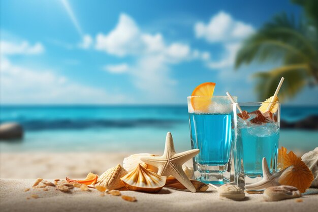 Cocktail tropical sur la plage avec des coquillages étoiles de mer bleu fond défocalisé parfait pour le texte