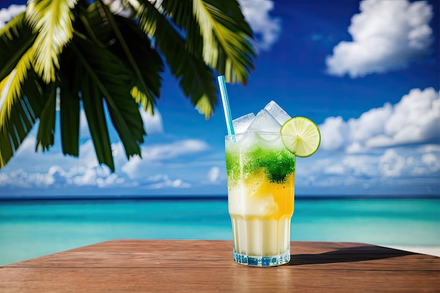 Un cocktail tropical sur une table avec un palmier en arrière-plan