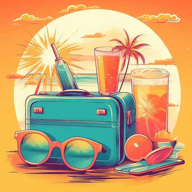 Photo cocktail valise de vacances au bord de la mer ensoleillée ai généré une illustration de haute qualité