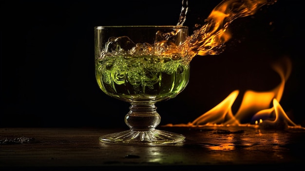 Photo cocktail vert brûlant dans un verre à shot sur fond noir ia générative