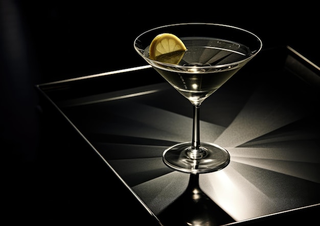 Un cocktail Vesper Martini présenté sur une surface en marbre noir soulignant son aspect élégant et moderne