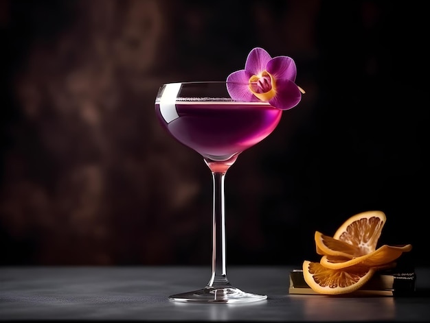 Cocktail violet dans un verre haut et élégant décoré d'une fleur d'orchidée pourpre sur fond sombre gros plan Boisson tropicale au bar Illustration de boisson pourpre Ambiance de vacances AI générative