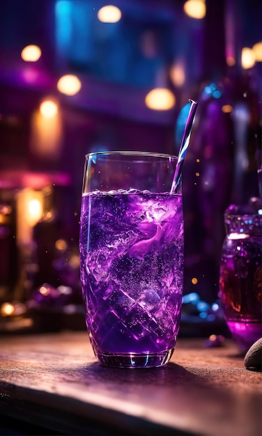 Cocktail violet avec de la glace sur une table en bois Focus sélectif ai génératif