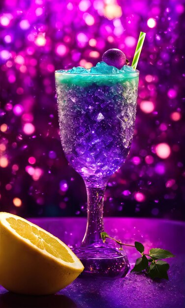 Cocktail violet avec de la glace sur une table en bois Focus sélectif ai génératif